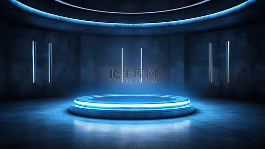 科技激光背景图片_未来派背景，一间带 3D 发光霓虹灯和科幻讲台的混凝土房间
