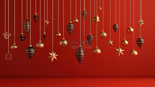 红色背景场景背景图片_悬挂在充满活力的红色背景节日 3D 呈现的圣诞节概念上的美学装饰品
