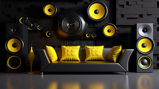 黑色舒适背景图片_现代黑色内饰，配有时尚的黄色扬声器系统舒适的沙发和时尚的挂钟 3D 渲染