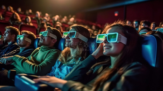 戴着 3D 眼镜的快乐青年观众在电影院欣赏激动人心的动作电影
