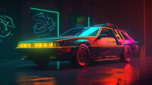 朋克合成器背景图片_3D 渲染的赛博朋克汽车在具有 80 年代氛围的虚拟霓虹景观中巡航