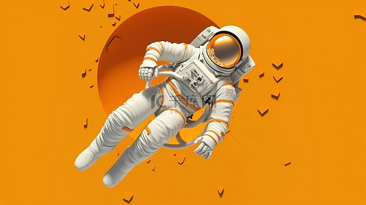 扁平人物插图背景图片_3D 宇航员降落到扁平圆线艺术设计上的插图