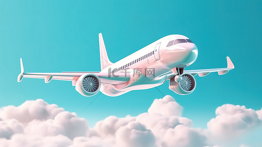 在云端航空旅行概念，具有飞机和柔和的蓝色背景 3D 渲染