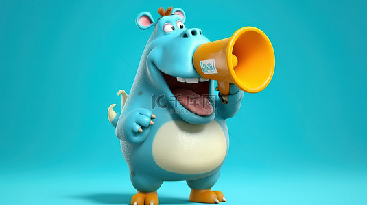 卡通哺乳动物背景图片_搞笑的 3D 河马角色挥舞着煤气罐和扩音器