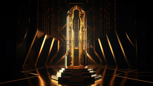 金色立方体方背景图片_带有霓虹灯的未来派 3d 金色讲台，具有抽象产品展示和激光效果