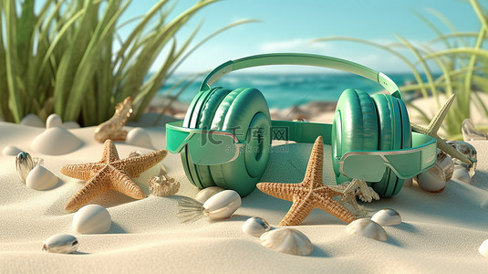 周末狂欢送背景图片_夏季乐趣在绿色耳机太阳镜海星贝壳充气球和拖鞋在海滩 3d 渲染
