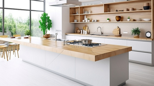 带有厨房岛台面的模糊现代白色和木质厨房内部的 3D 渲染