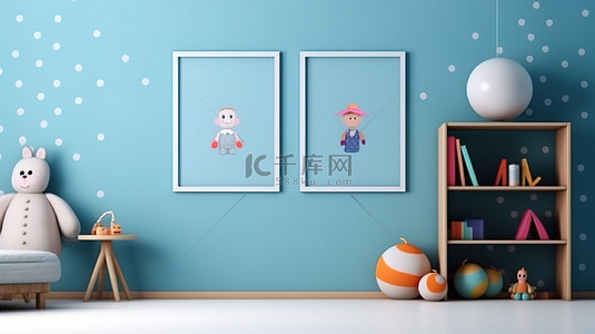 时尚的儿童房装饰在 3D 渲染中的蓝色墙壁背景上模拟海报