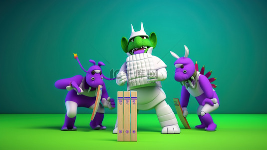 板球运动员充满活力的 3D 渲染在绿色和紫色体育场背景上展示各种姿势