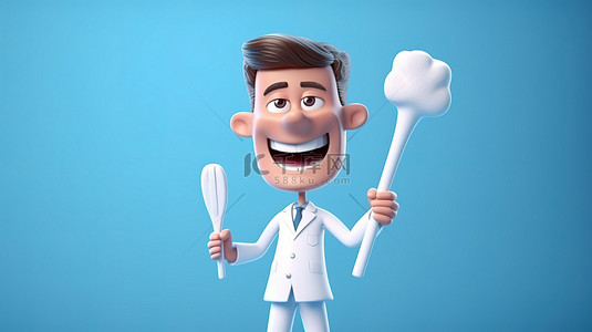 卡通风格 3D 插图牙医拿着牙刷和牙齿进行口腔卫生和治疗
