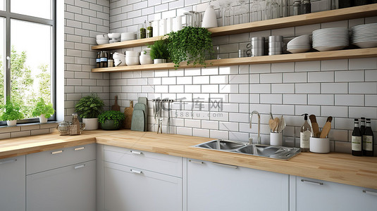 现代厨房的 3D 渲染，配有白色橱柜和配有厨具的瓷砖台面