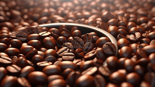 3D 框架背景中新鲜烘焙咖啡豆的特写