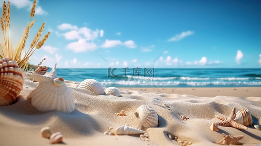 夏季海滩壁纸与沙质背景的 3D 渲染