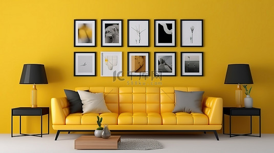 时尚的黄色客厅，墙上布置有相框和家具 3D 渲染