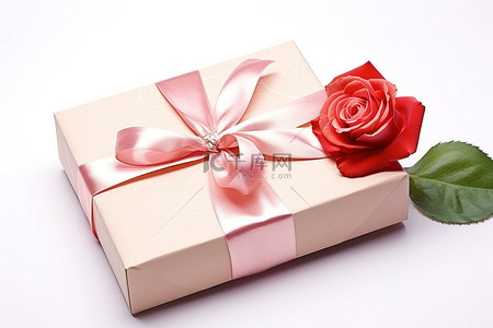 顶部叶子背景图片_一个礼品盒，叶子顶部有玫瑰，与白色隔离