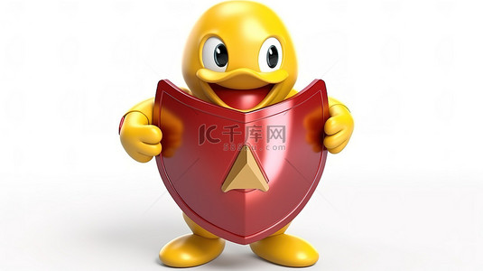白色背景上带有红色金属盾的可爱黄色卡通鸭吉祥物的 3D 渲染