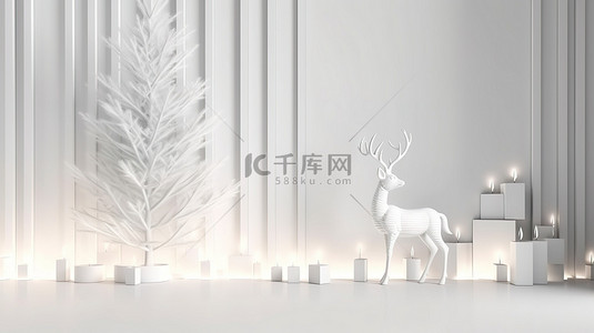 高清墙背景图片_1 带有圣诞礼物和光墙模型的发光鹿的 3D 渲染