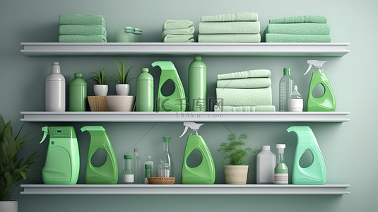 生态友好的洗衣解决方案可持续洗衣机和 3D 渲染中的绿色洗涤剂架