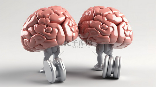 心理背景背景图片_白色背景 3d 渲染大脑用哑铃锻炼