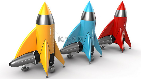 白色背景与 3d 渲染中的三个彩色火箭和孤立的卡通航天飞机插图