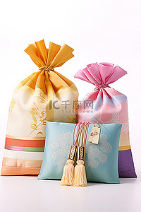 刺绣图案背景图片_带有彩色面料和刺绣图案的礼品篮和礼品包装