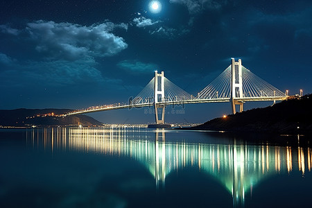 韩国的光流和月光下的大海上的一座桥