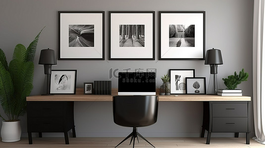 笔记本电脑框架背景图片_现代黑色和灰色室内背景上的时尚家庭办公室模型框架