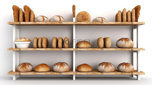 在白色背景上渲染的 3D 面包架