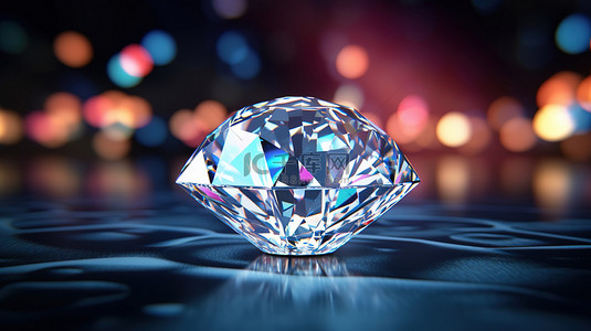 舞台上令人惊叹的钻石中心装饰品，与 3D 渲染的水晶柔焦背景相映衬
