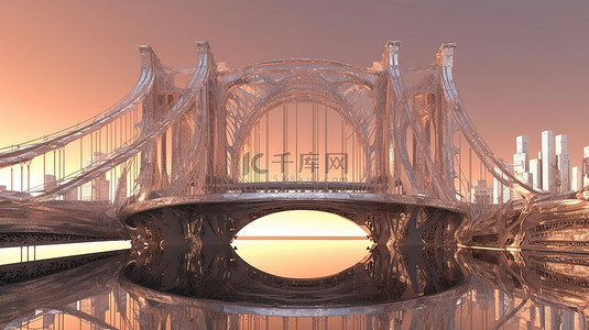 未来派城市景观令人惊叹的分形桥梁和抽象 3D 设计中的金属建筑