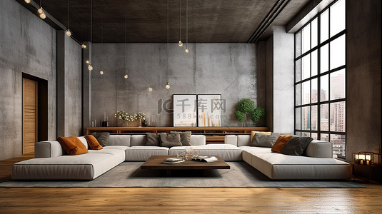 时尚阁楼风格的客厅，具有 3D 渲染的现代简约风格