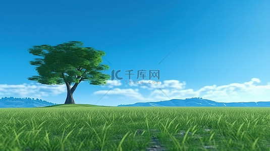 孤独的树在 3D 渲染的清澈蓝天下的郁郁葱葱的绿色田野中投下阴影