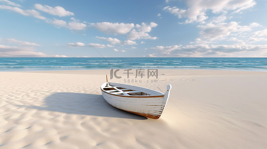 坐在沙滩上背景图片_坐在沙滩上的原始白色木船的 3D 渲染图像
