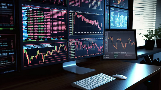 用计算机进行交易和股票市场分析的 3D 插图
