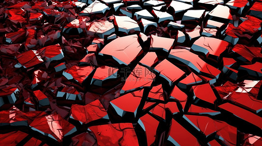 带有红色和黑色 3D 渲染的破碎方形抽象插图