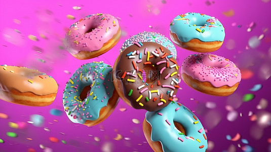 各种釉面甜甜圈，在半空中撒上糖粉，呈现在通过 3D 渲染创建的柔和彩色背景上