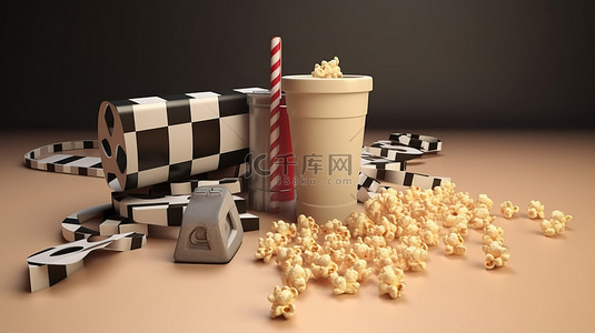 爆米花和饮料背景图片_电影之夜必需品 3D 快板 电影卷轴 爆米花和饮料