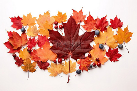 枫叶旗背景图片_白色背景中的新鲜秋浆果和加拿大枫叶