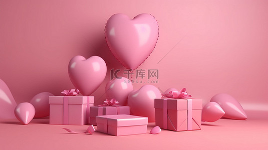 爱情海花背景图片_3d 粉红色礼盒和心形气球呈现粉红色背景