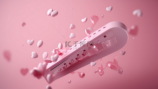 浪漫的粉红色背景，心形在 3D 图像中展示阳性塑料妊娠测试