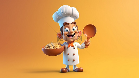 微笑的卡通厨师用钢包和盘子 3D 渲染图像