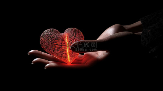 在黑色背景上用 3D 渲染的手握住脉冲生成心脏