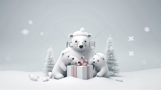 鹿卡通背景图片_节日欢呼北极熊和兔子通过产品展示 3D 渲染庆祝圣诞节