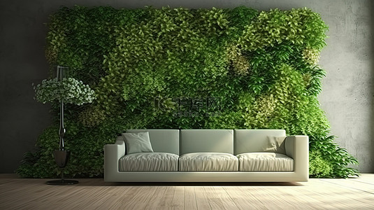 绿墙背景图片_带绿墙 3D 渲染的客厅内部垂直花园