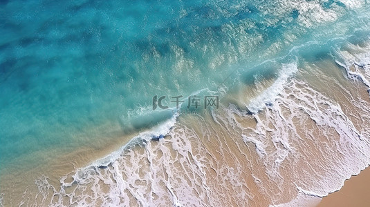 无人机的眼睛观看蓝色波纹和沙滩 3D 渲染中的海浪