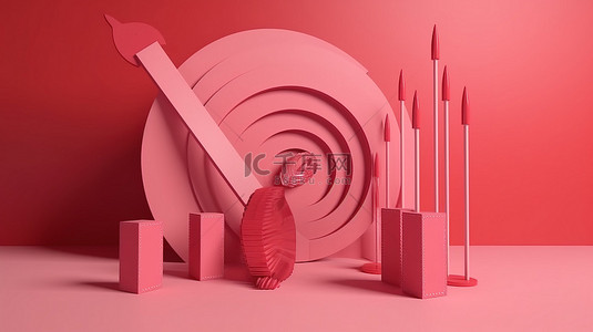 射箭背景图片_3D 渲染红色目标和箭头，带有增长图硬币和粉红色背景，实现您的投资业务目标