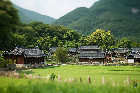 寺内背景图片_一个村庄，有小木屋，位于美丽的山区草地顶部