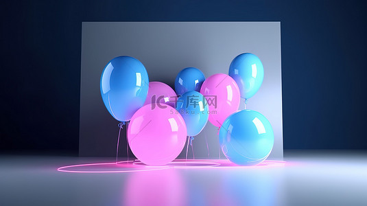 气球图案背景图片_LED 灯框围绕着粉红色蓝色和白色的浮动气球，令人惊叹的 3D 渲染