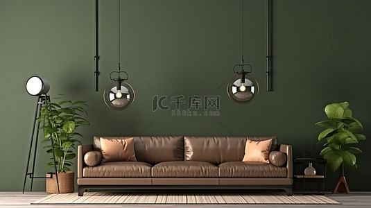 复古风格海报的 3D 渲染在内部显示，配有棕色沙发和绿色墙壁