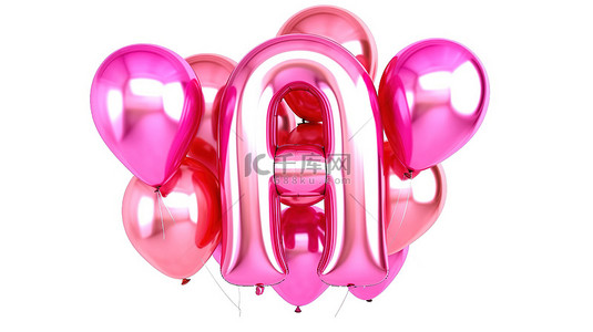 粉色气球生日快乐背景图片_全息粉色气球的 3D 插图在白色背景上拼出字母表